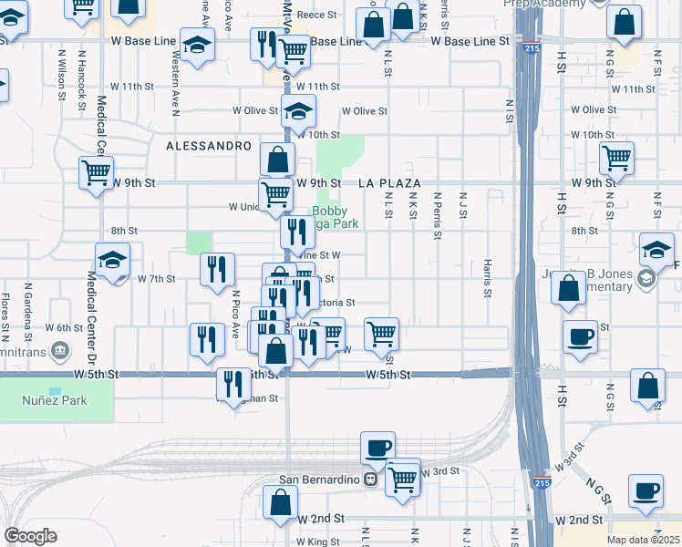 map of restaurants, bars, coffee shops, grocery stores, and more near 1190 West 7th Street in San Bernardino