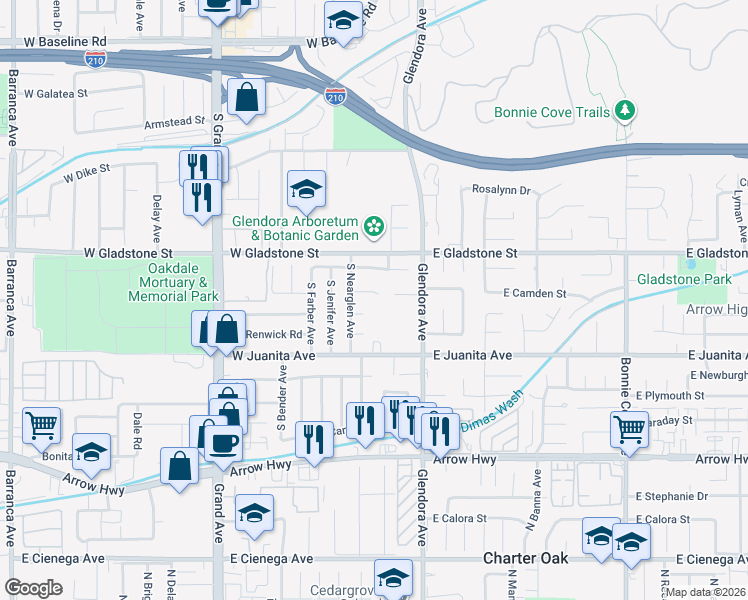 map of restaurants, bars, coffee shops, grocery stores, and more near 152 West Payson Street in Glendora