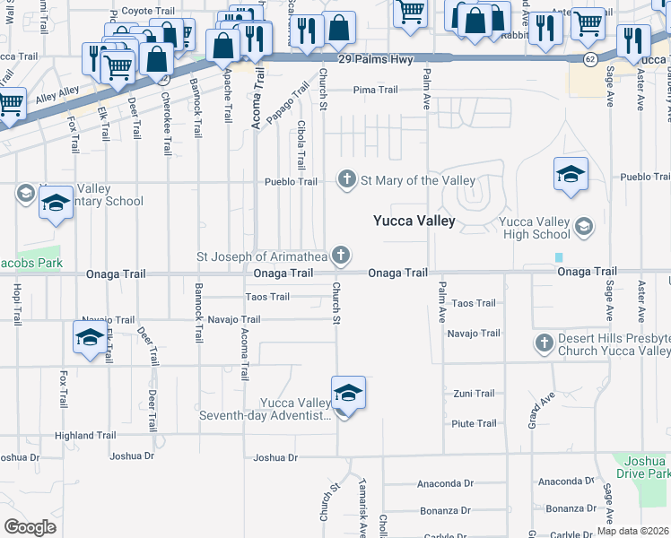 map of restaurants, bars, coffee shops, grocery stores, and more near Church Street in Yucca Valley
