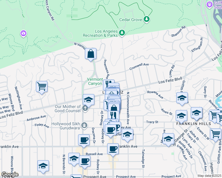map of restaurants, bars, coffee shops, grocery stores, and more near 4440 Gainsborough Avenue in Los Angeles