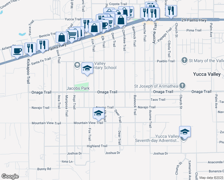 map of restaurants, bars, coffee shops, grocery stores, and more near 7686 Deer Trail in Yucca Valley