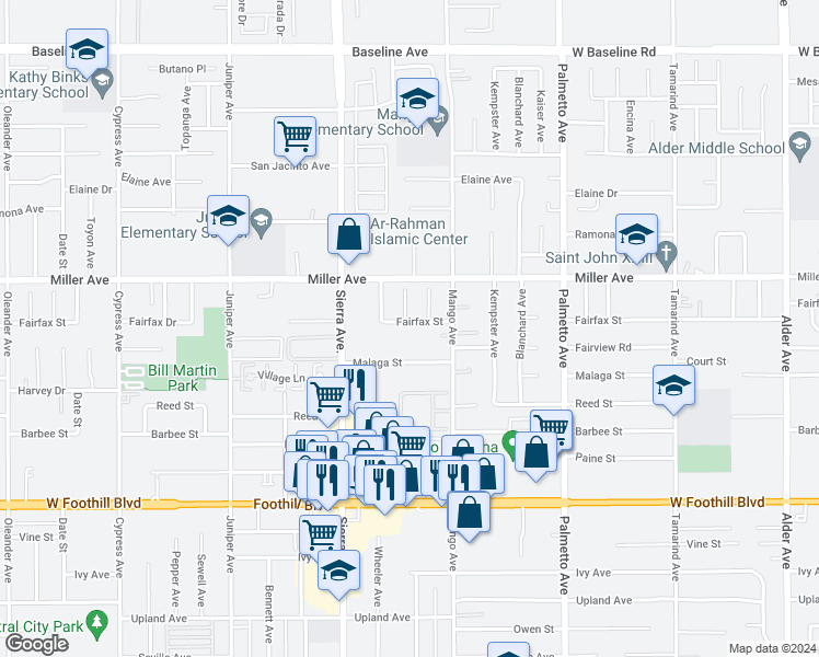map of restaurants, bars, coffee shops, grocery stores, and more near 17021 Fairfax Street in Fontana