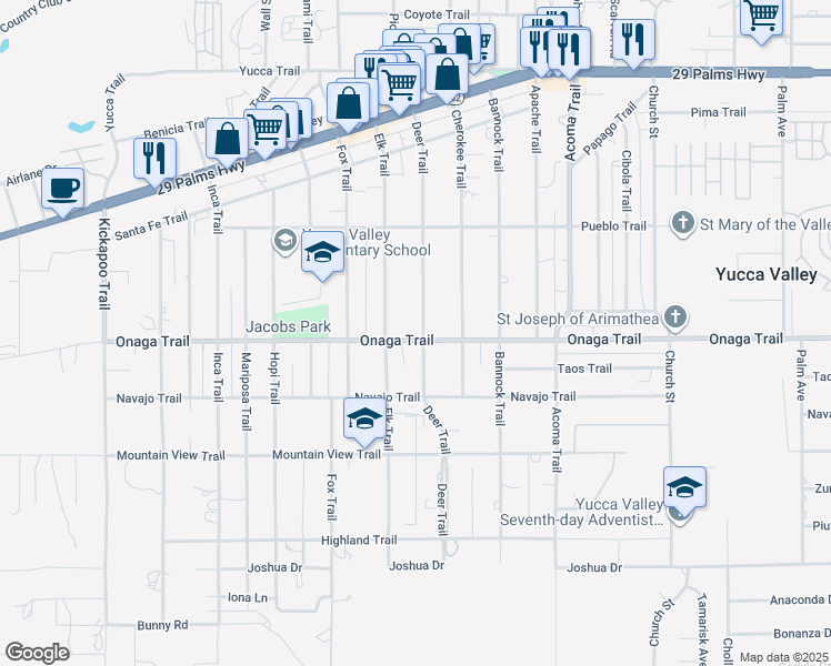 map of restaurants, bars, coffee shops, grocery stores, and more near 7686 Deer Trail in Yucca Valley
