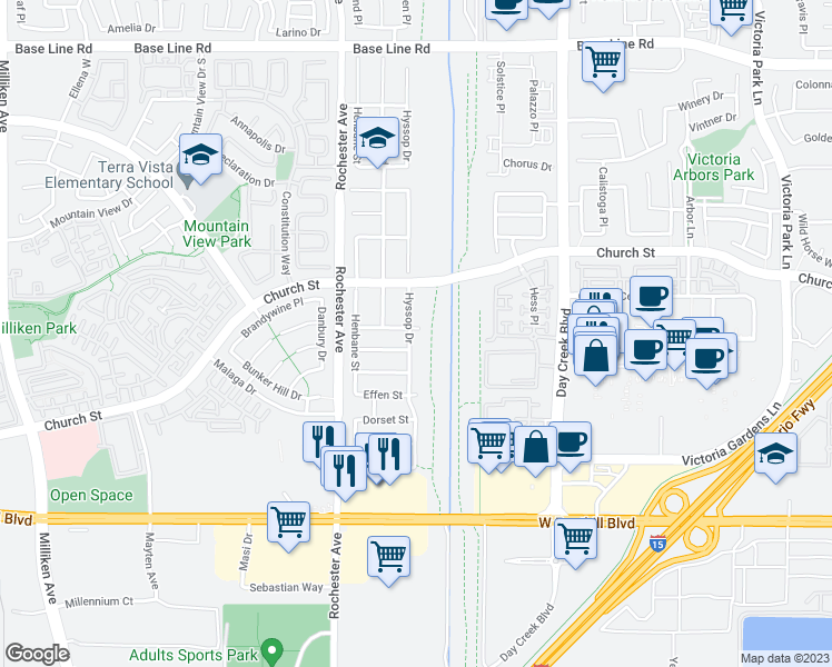 map of restaurants, bars, coffee shops, grocery stores, and more near 12037 Hemlock Street in Rancho Cucamonga