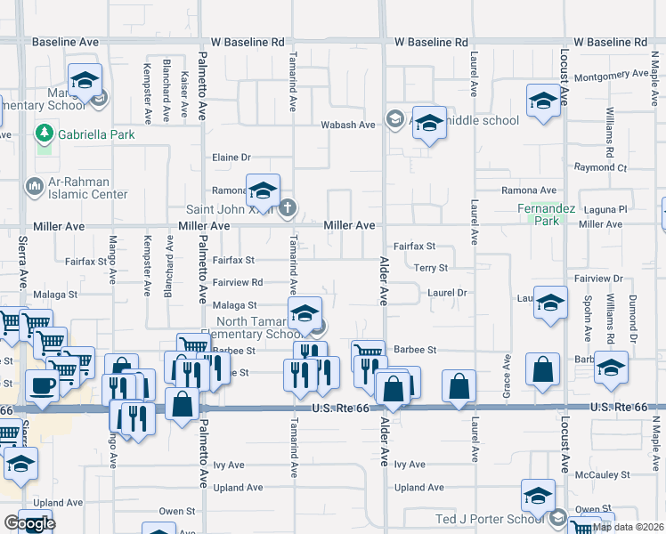 map of restaurants, bars, coffee shops, grocery stores, and more near 17558 Fairfax Street in Fontana