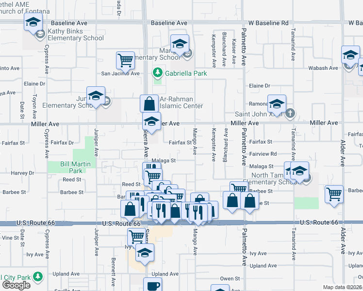map of restaurants, bars, coffee shops, grocery stores, and more near 7749 Emerald Court in Fontana