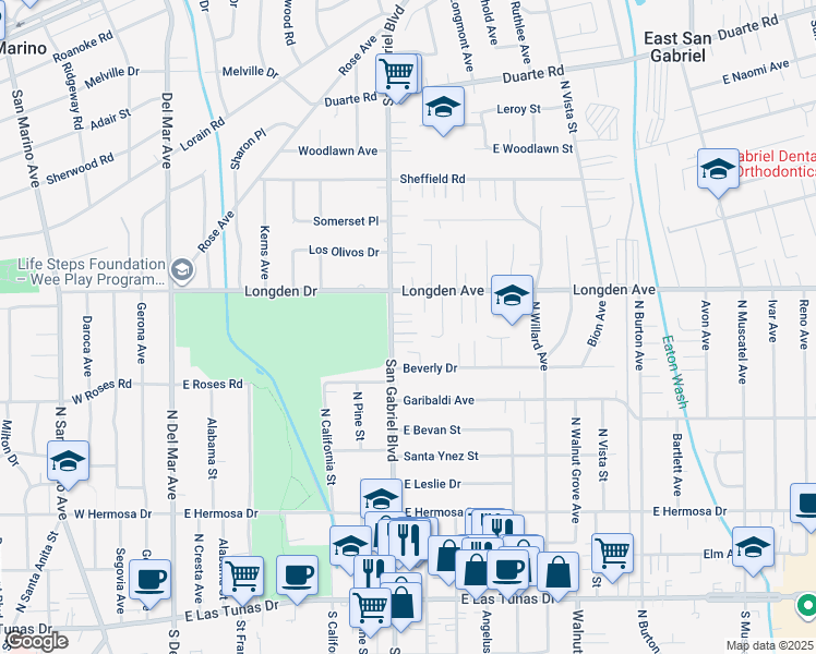 map of restaurants, bars, coffee shops, grocery stores, and more near 6259 Charonoak Place in San Gabriel