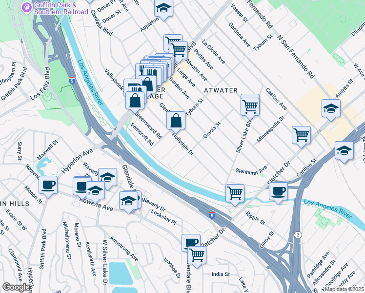 map of restaurants, bars, coffee shops, grocery stores, and more near 3343 Hollydale Drive in Los Angeles