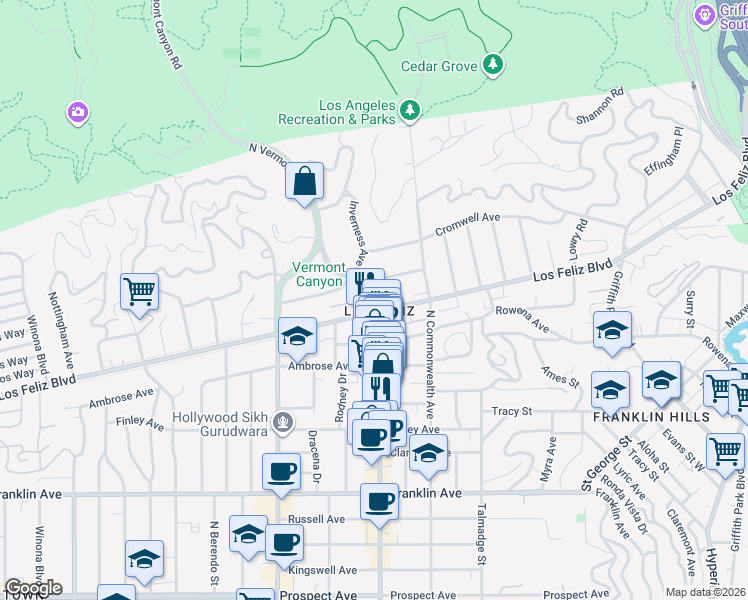 map of restaurants, bars, coffee shops, grocery stores, and more near 4440 Gainsborough Avenue in Los Angeles