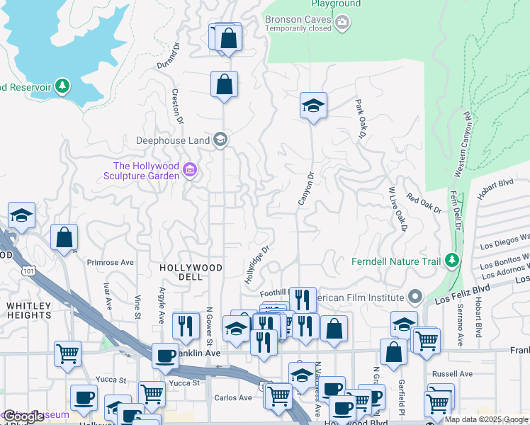 map of restaurants, bars, coffee shops, grocery stores, and more near 5933 Graciosa Drive in Los Angeles