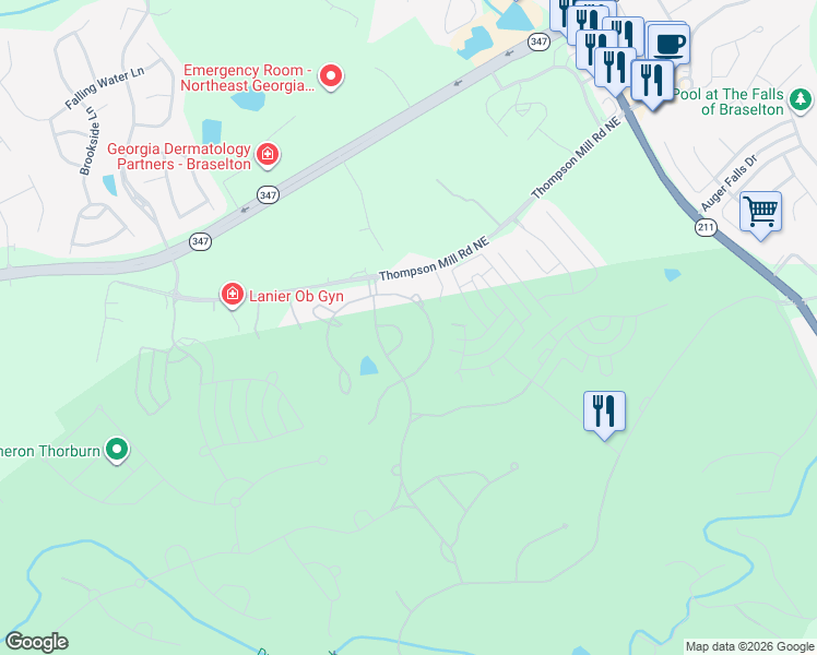 map of restaurants, bars, coffee shops, grocery stores, and more near 2535 Scarlet Oak Lane in Braselton