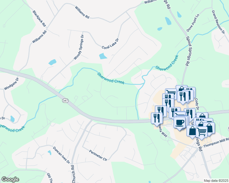 map of restaurants, bars, coffee shops, grocery stores, and more near 2323 Council Lane in Buford