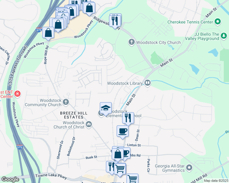map of restaurants, bars, coffee shops, grocery stores, and more near 515 Quinn Drive in Woodstock
