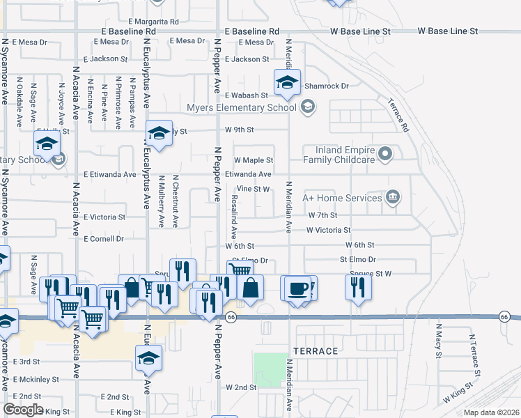 map of restaurants, bars, coffee shops, grocery stores, and more near 727 North Burney Street in Rialto