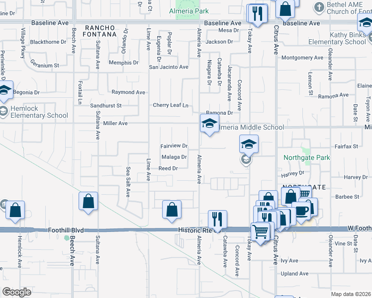 map of restaurants, bars, coffee shops, grocery stores, and more near 15765 Fairview Drive in Fontana