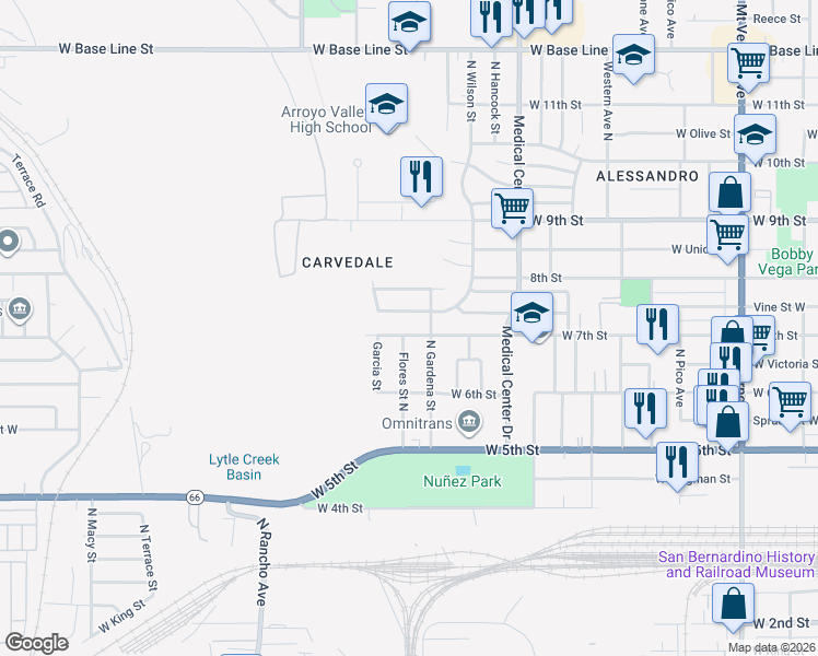 map of restaurants, bars, coffee shops, grocery stores, and more near 1818 Vine Street West in San Bernardino