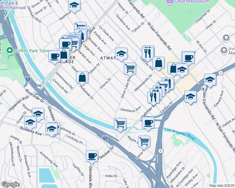 map of restaurants, bars, coffee shops, grocery stores, and more near 3220 Garden Avenue in Los Angeles