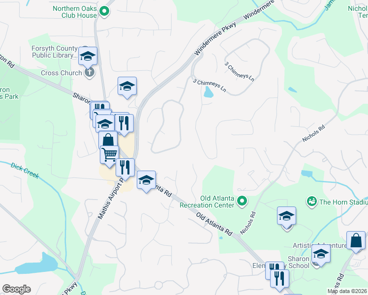 map of restaurants, bars, coffee shops, grocery stores, and more near 3940 Mantle Ridge Drive in Cumming