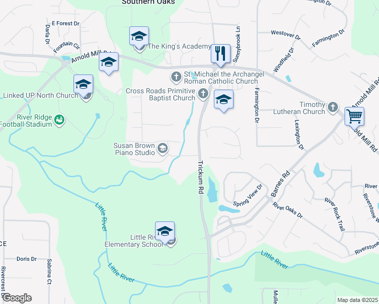 map of restaurants, bars, coffee shops, grocery stores, and more near 104 River Creek Drive in Woodstock
