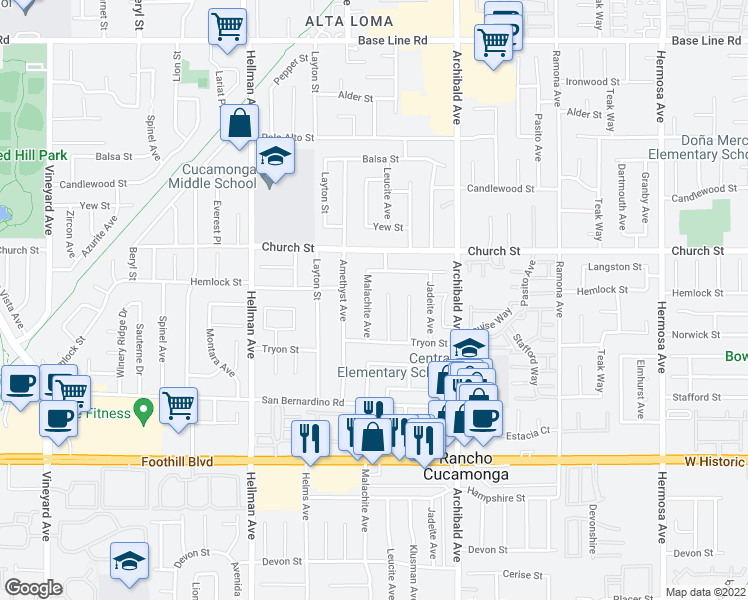 map of restaurants, bars, coffee shops, grocery stores, and more near 7795 Malachite Avenue in Rancho Cucamonga