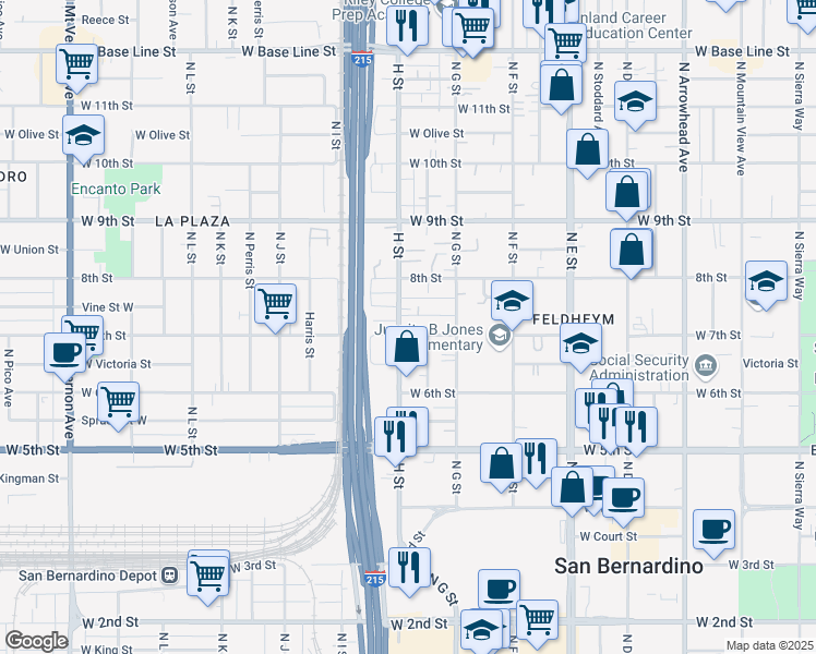 map of restaurants, bars, coffee shops, grocery stores, and more near 794 West 7th Street in San Bernardino