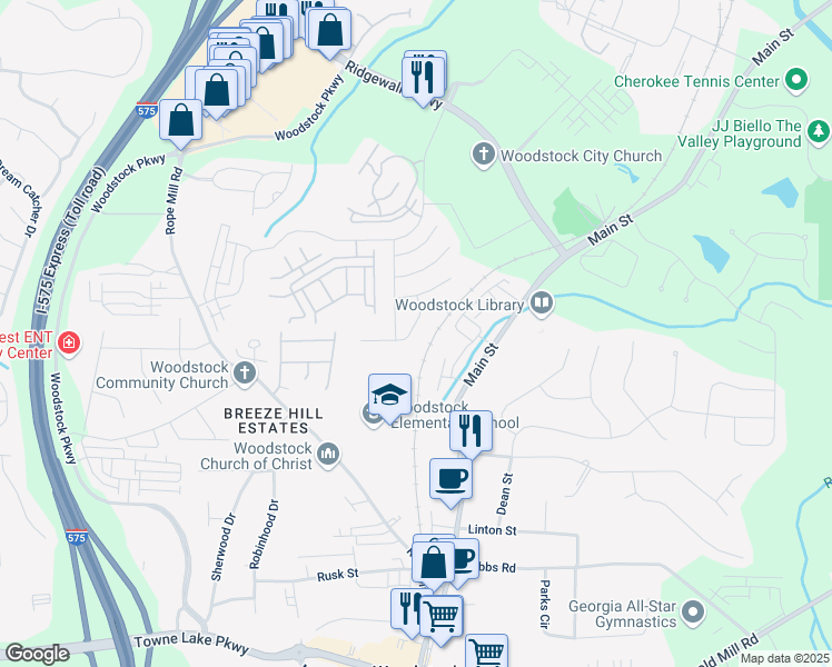 map of restaurants, bars, coffee shops, grocery stores, and more near 515 Quinn Drive in Woodstock