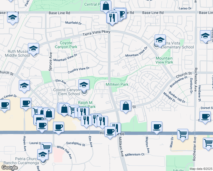 map of restaurants, bars, coffee shops, grocery stores, and more near 7868 Milliken Avenue in Rancho Cucamonga