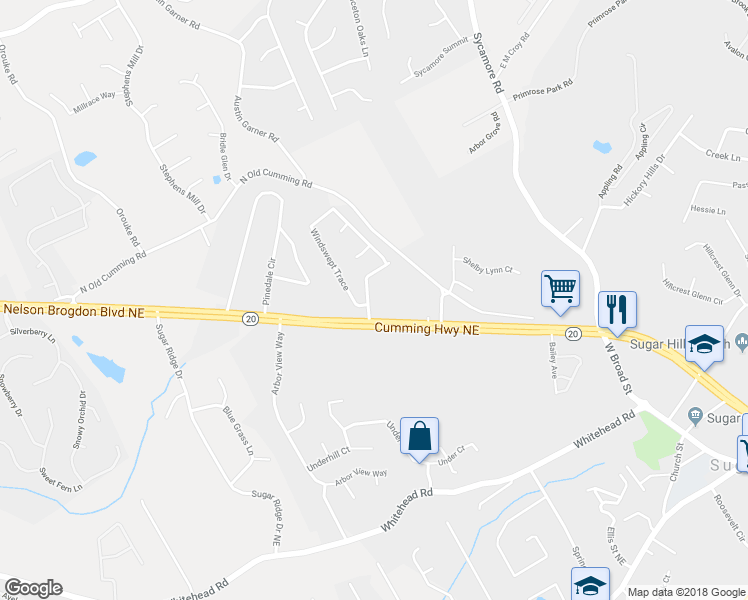 map of restaurants, bars, coffee shops, grocery stores, and more near 925 Garner Spring Lane in Sugar Hill