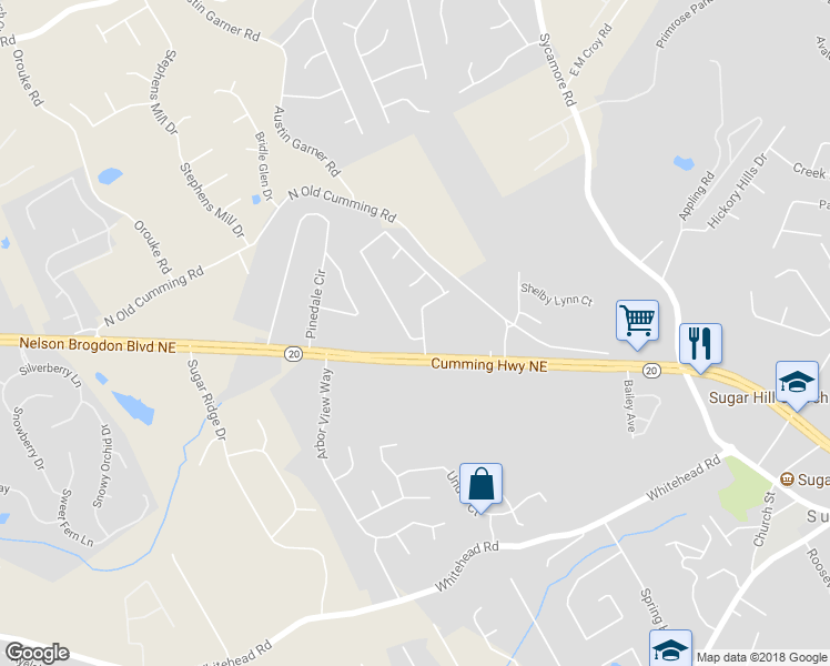 map of restaurants, bars, coffee shops, grocery stores, and more near 5355 Windswept Trace in Buford