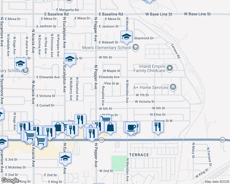 map of restaurants, bars, coffee shops, grocery stores, and more near 727 North Burney Street in Rialto
