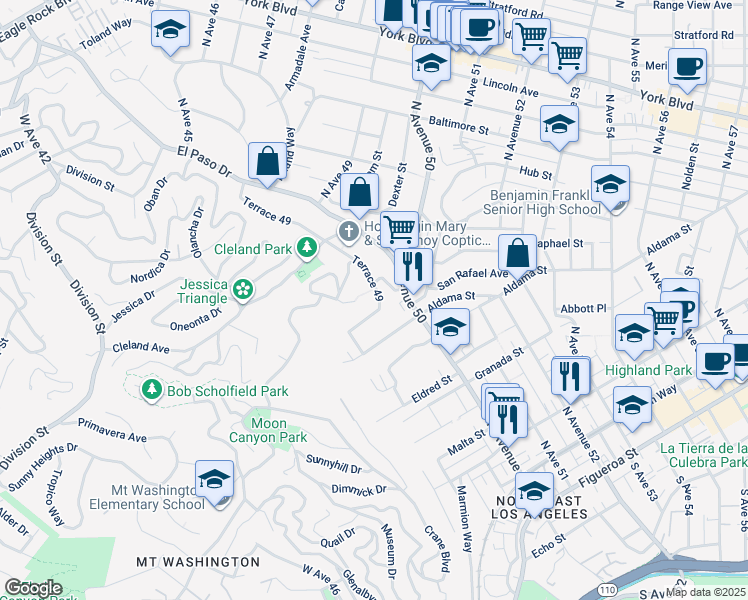 map of restaurants, bars, coffee shops, grocery stores, and more near 787 Terrace 49 in Los Angeles