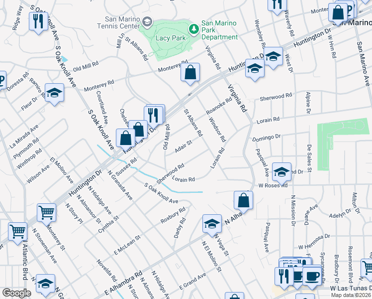 map of restaurants, bars, coffee shops, grocery stores, and more near 1224 Adair Street in San Marino