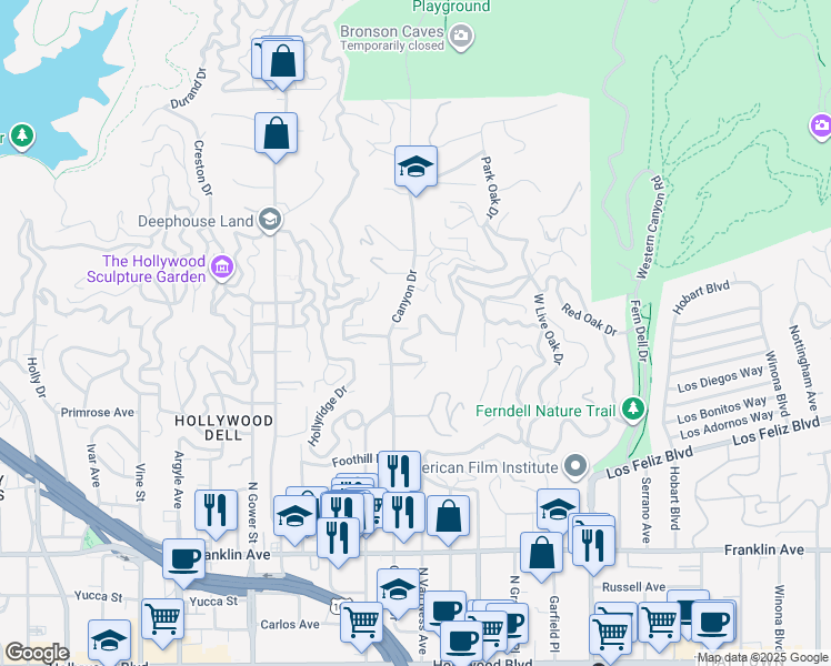 map of restaurants, bars, coffee shops, grocery stores, and more near 2293 Bronson Hill Drive in Los Angeles