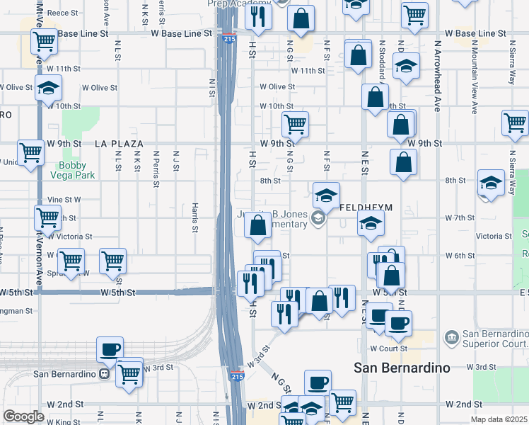 map of restaurants, bars, coffee shops, grocery stores, and more near 770 West 7th Street in San Bernardino