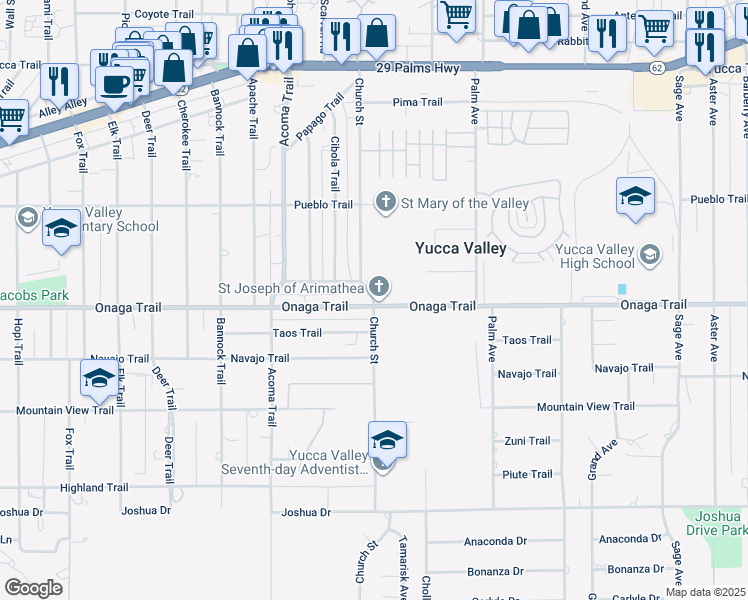 map of restaurants, bars, coffee shops, grocery stores, and more near Church Street in Yucca Valley