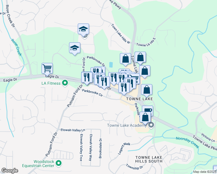 map of restaurants, bars, coffee shops, grocery stores, and more near Eagle Drive in Woodstock