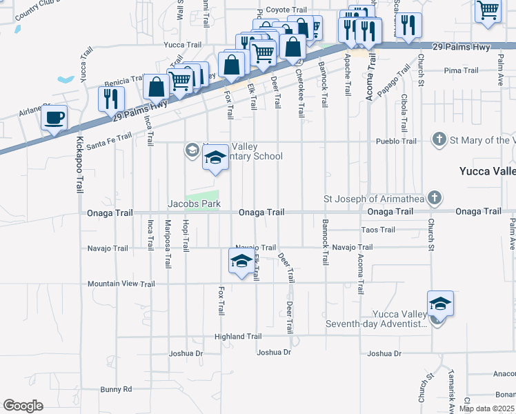 map of restaurants, bars, coffee shops, grocery stores, and more near 7647 Elk Trail in Yucca Valley