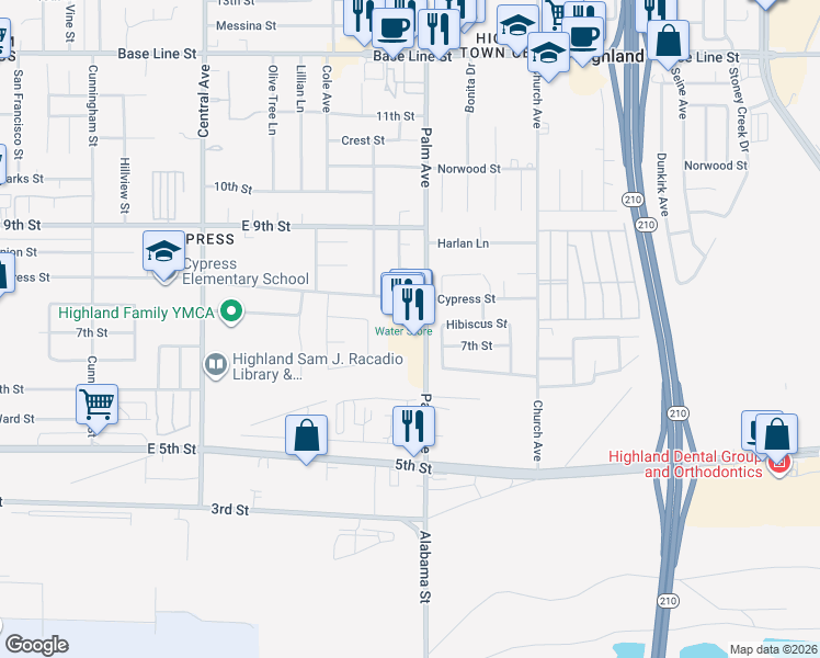 map of restaurants, bars, coffee shops, grocery stores, and more near 7750 Palm Avenue in Highland