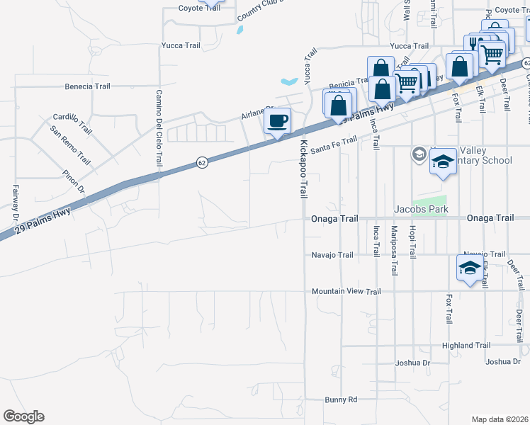 map of restaurants, bars, coffee shops, grocery stores, and more near Onaga Trail in Yucca Valley