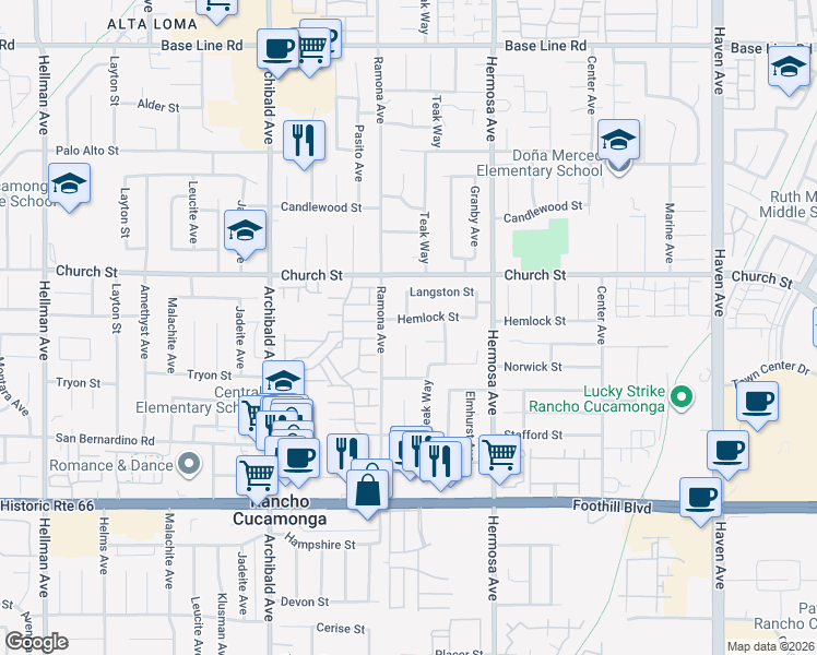 map of restaurants, bars, coffee shops, grocery stores, and more near 9956 Hemlock Street in Rancho Cucamonga
