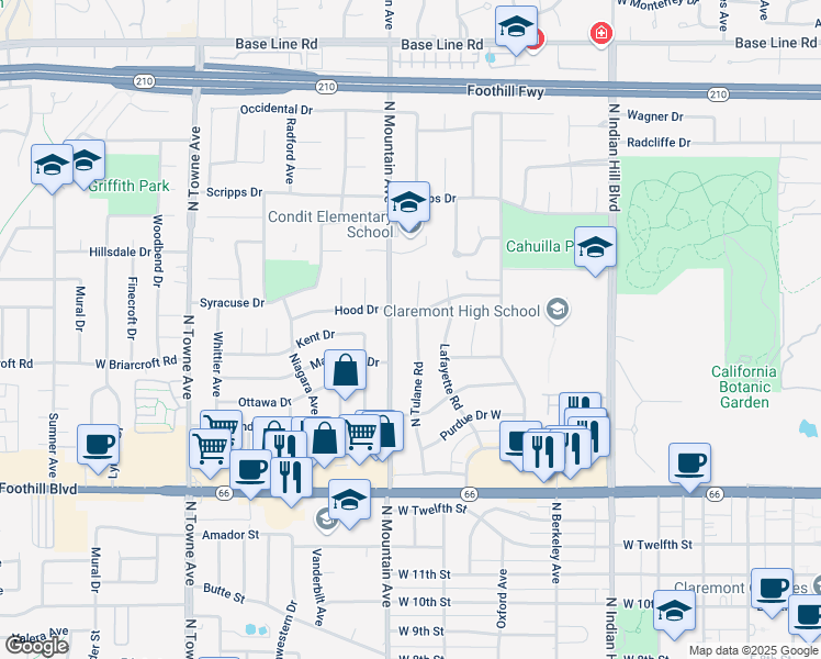 map of restaurants, bars, coffee shops, grocery stores, and more near 728 Hood Drive in Claremont