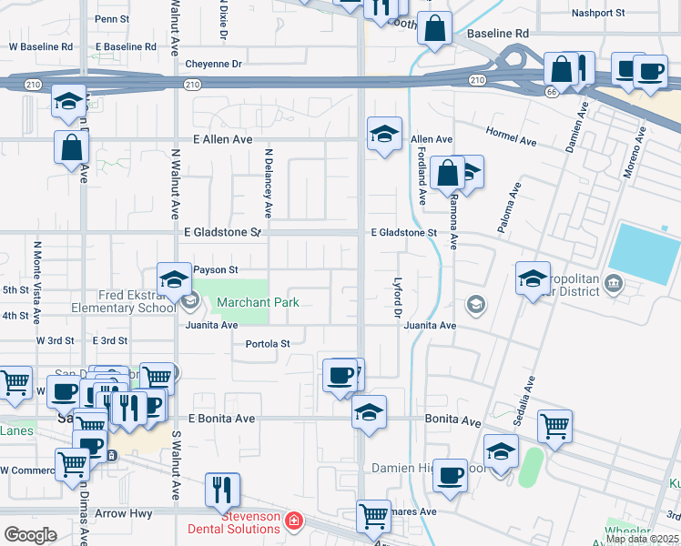 map of restaurants, bars, coffee shops, grocery stores, and more near 610 East Payson Street in San Dimas