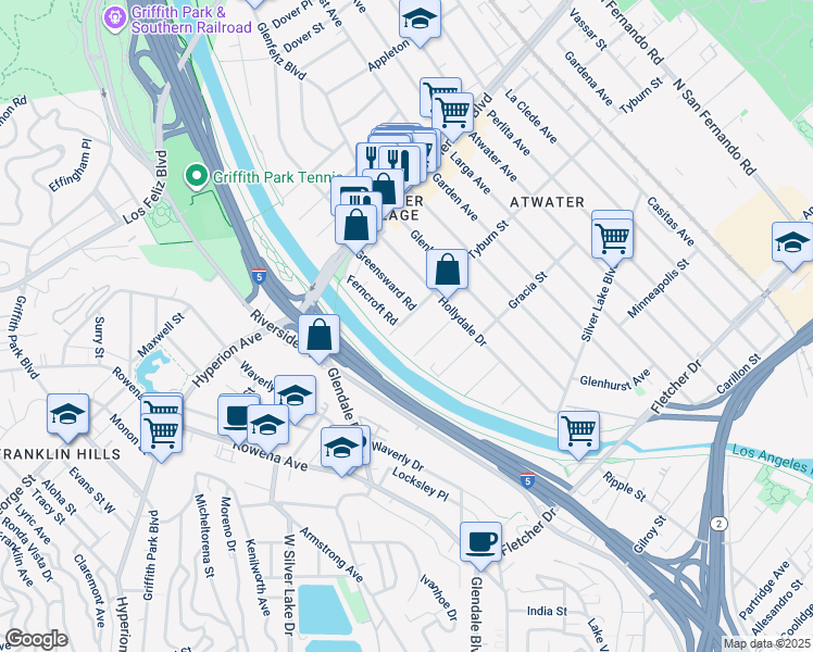 map of restaurants, bars, coffee shops, grocery stores, and more near 2950 Tyburn Street in Los Angeles