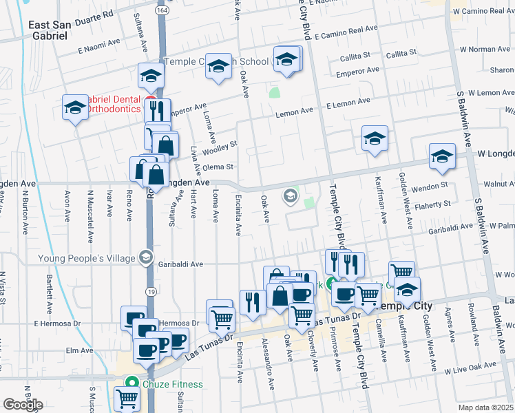 map of restaurants, bars, coffee shops, grocery stores, and more near 6248 Oak Avenue in Temple City