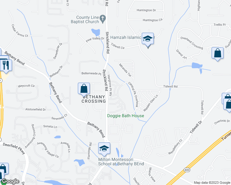 map of restaurants, bars, coffee shops, grocery stores, and more near 860 Central Park Overlook in Alpharetta