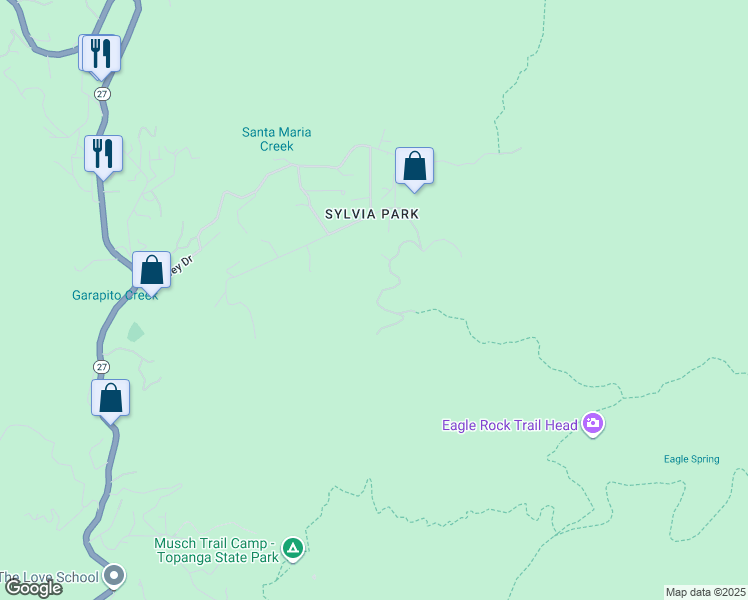 map of restaurants, bars, coffee shops, grocery stores, and more near 1431 Penny Road in Topanga