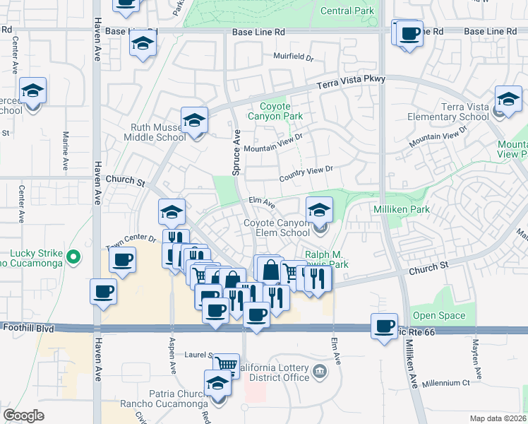 map of restaurants, bars, coffee shops, grocery stores, and more near 10950 Church Street in Rancho Cucamonga