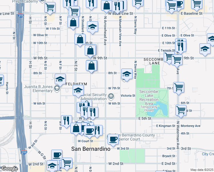 map of restaurants, bars, coffee shops, grocery stores, and more near 743 North Arrowhead Avenue in San Bernardino