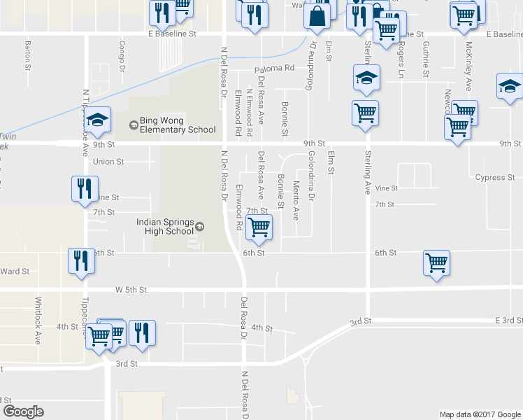 map of restaurants, bars, coffee shops, grocery stores, and more near Del Rosa Avenue in San Bernardino