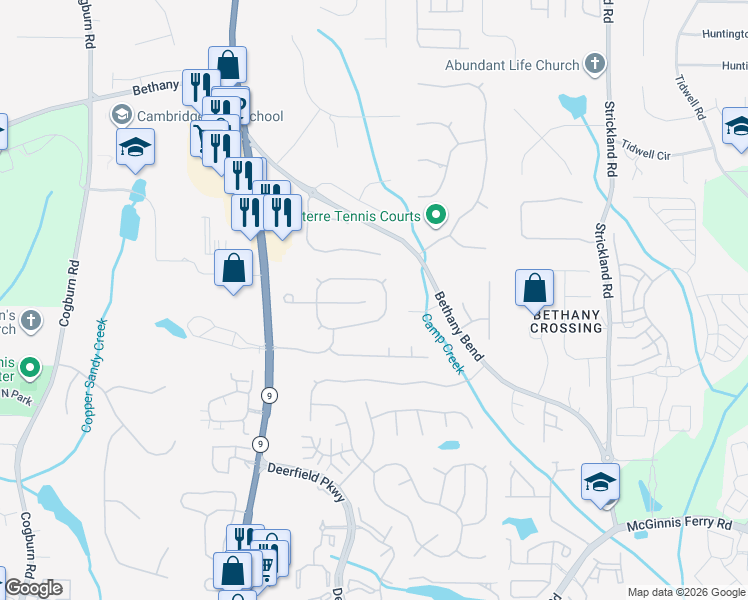 map of restaurants, bars, coffee shops, grocery stores, and more near 13564 Weycroft Circle in Alpharetta